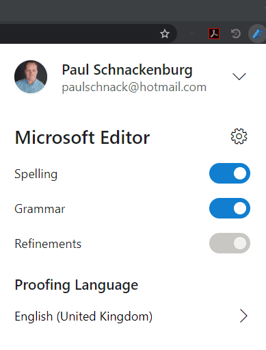 Settings for the Microsoft Editor browser extension