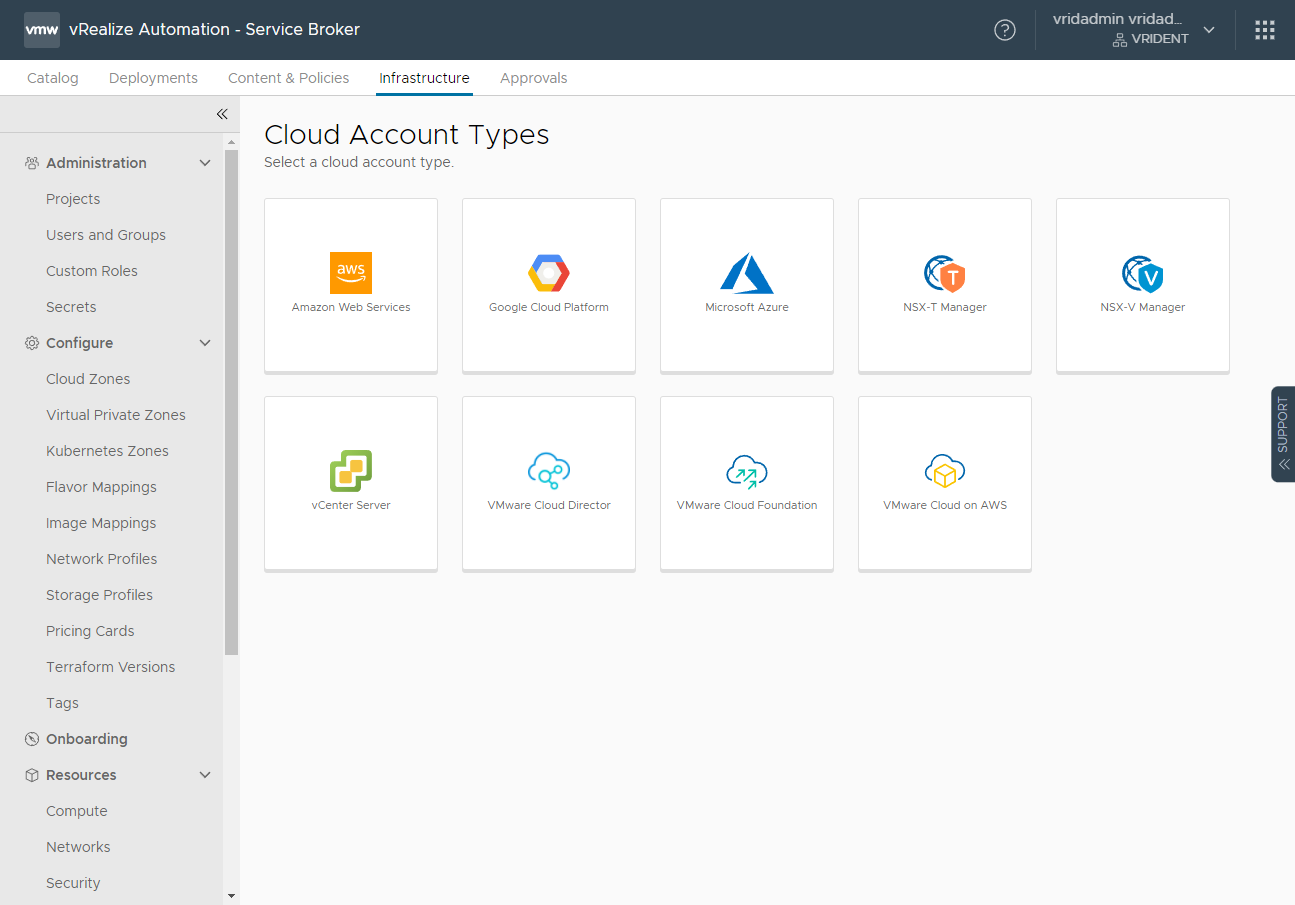 Adding a new cloud account in vRA