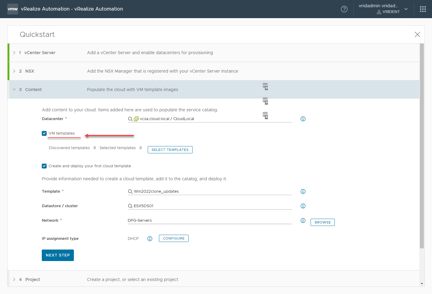Adding VM templates and specifying the settings for the first cloud template