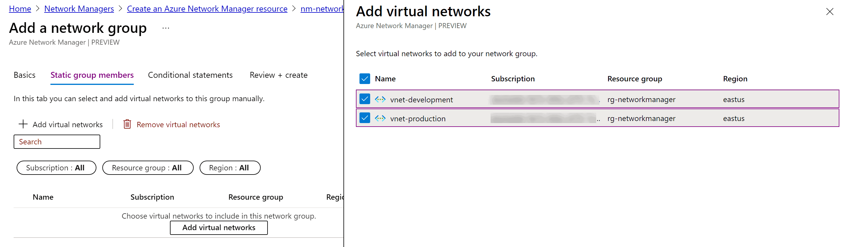 Adding vnets to a network group