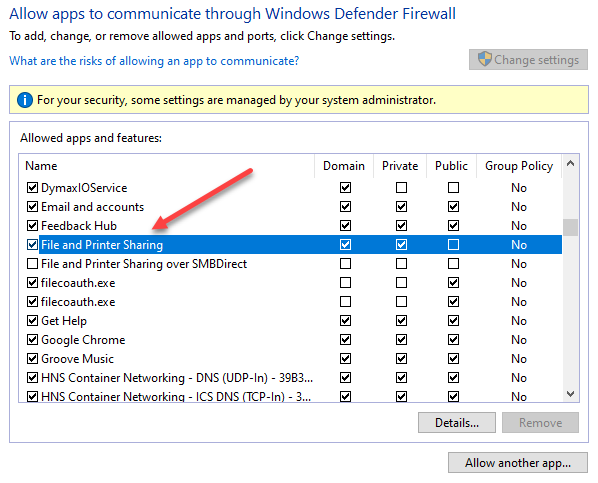 Allowing File and Printer Sharing in the Windows Defender Firewall