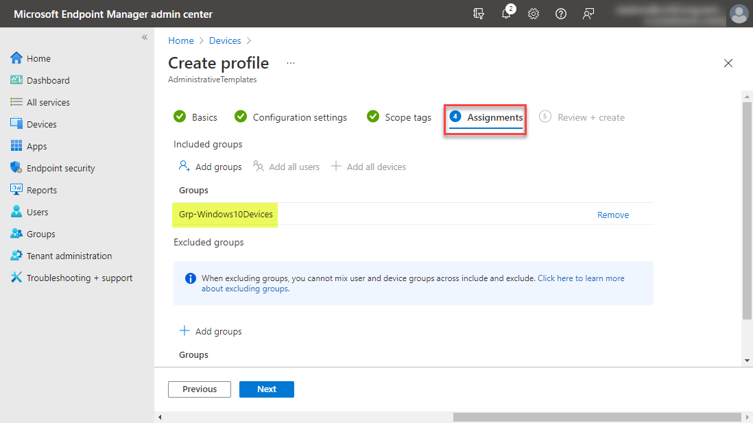 Assign the configuration profile to the Azure Active Directory group containing devices you want to target