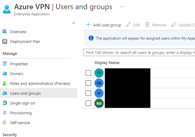 Azure VPN users and groups
