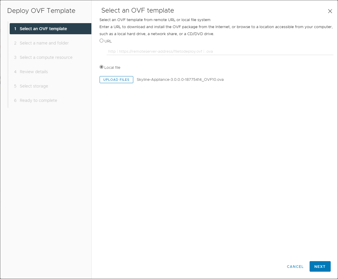 Beginning the deployment of the VMware Skyline Collector v3.0 appliance