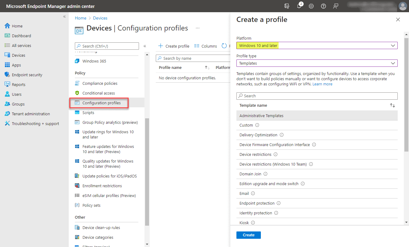 Beginning to create the configuration profile in Microsoft Endpoint Manager