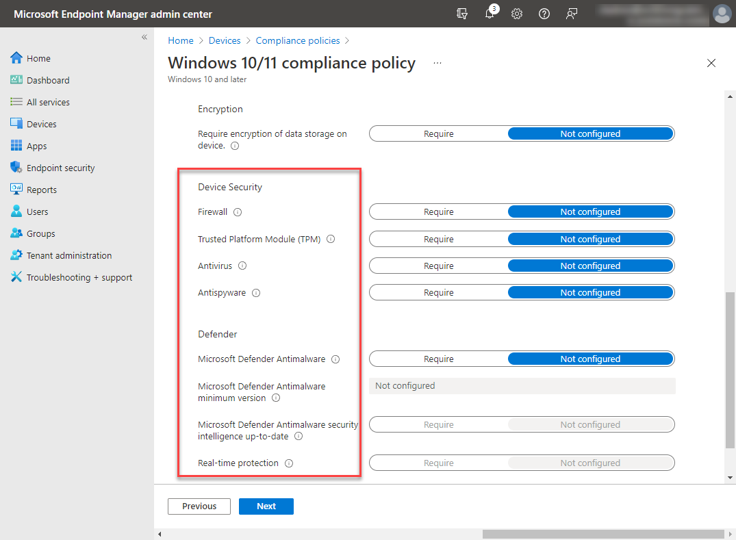 Configure device security settings using Endpoint Manager Compliance Policies