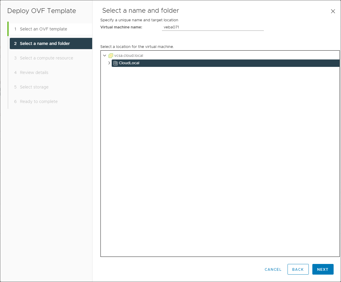 Configure the name and folder location in vSphere inventory