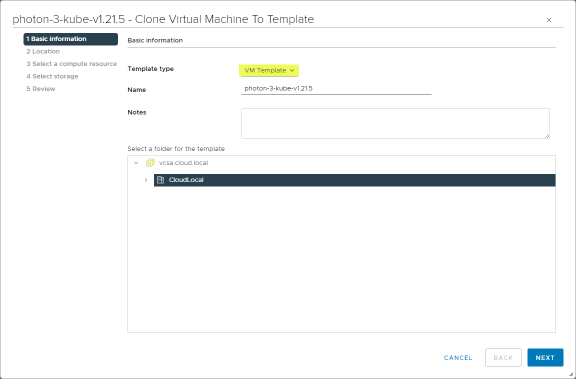 Configuring basic information for the clone virtual machine to template process