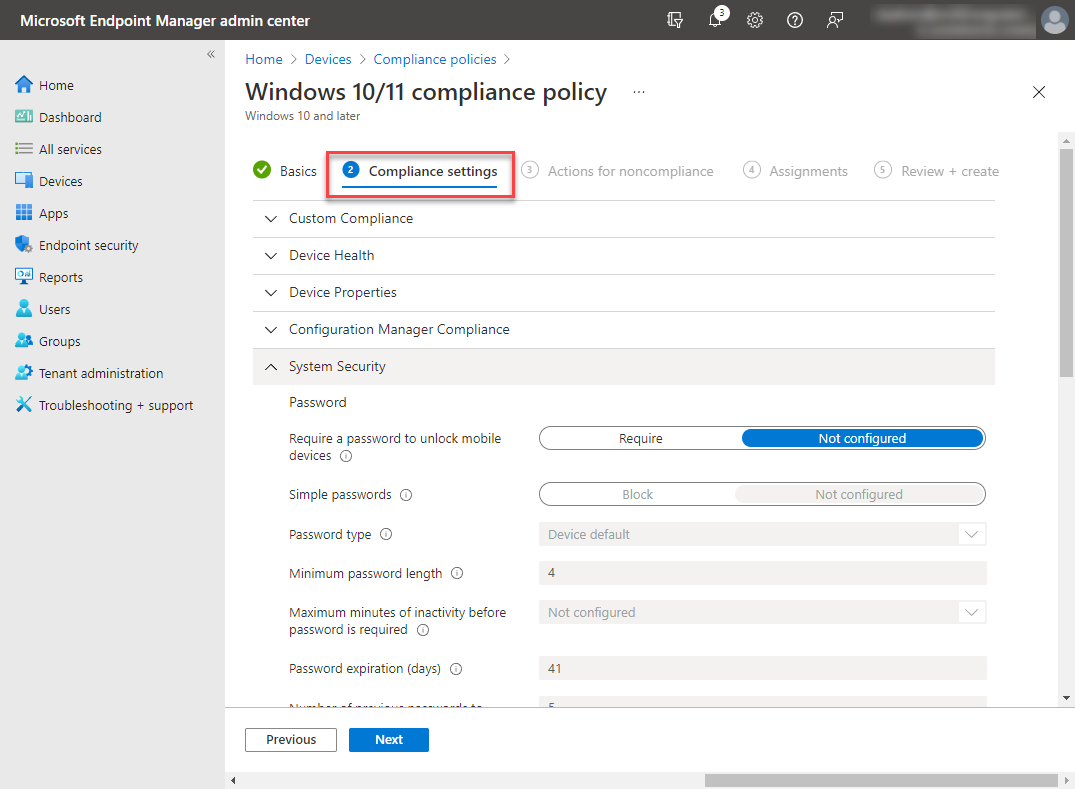 Configuring compliance settings in a new compliance policy
