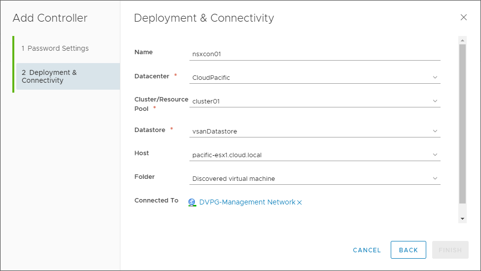 Configuring deployment and connectivity options for the VMware NSX Controller Node