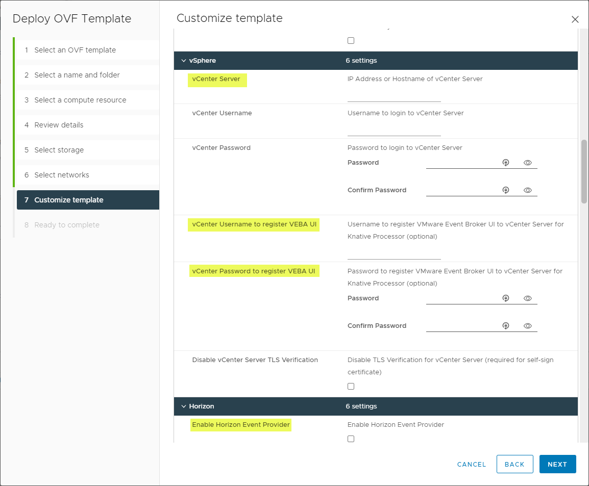 Customize template screen showing the VCSA and VMware Horizon configuration