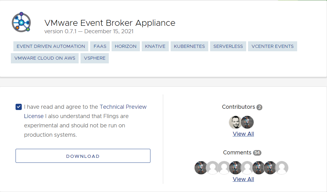 Download the VMware Event Broker Appliance (VEBA) from the VMware Flings site