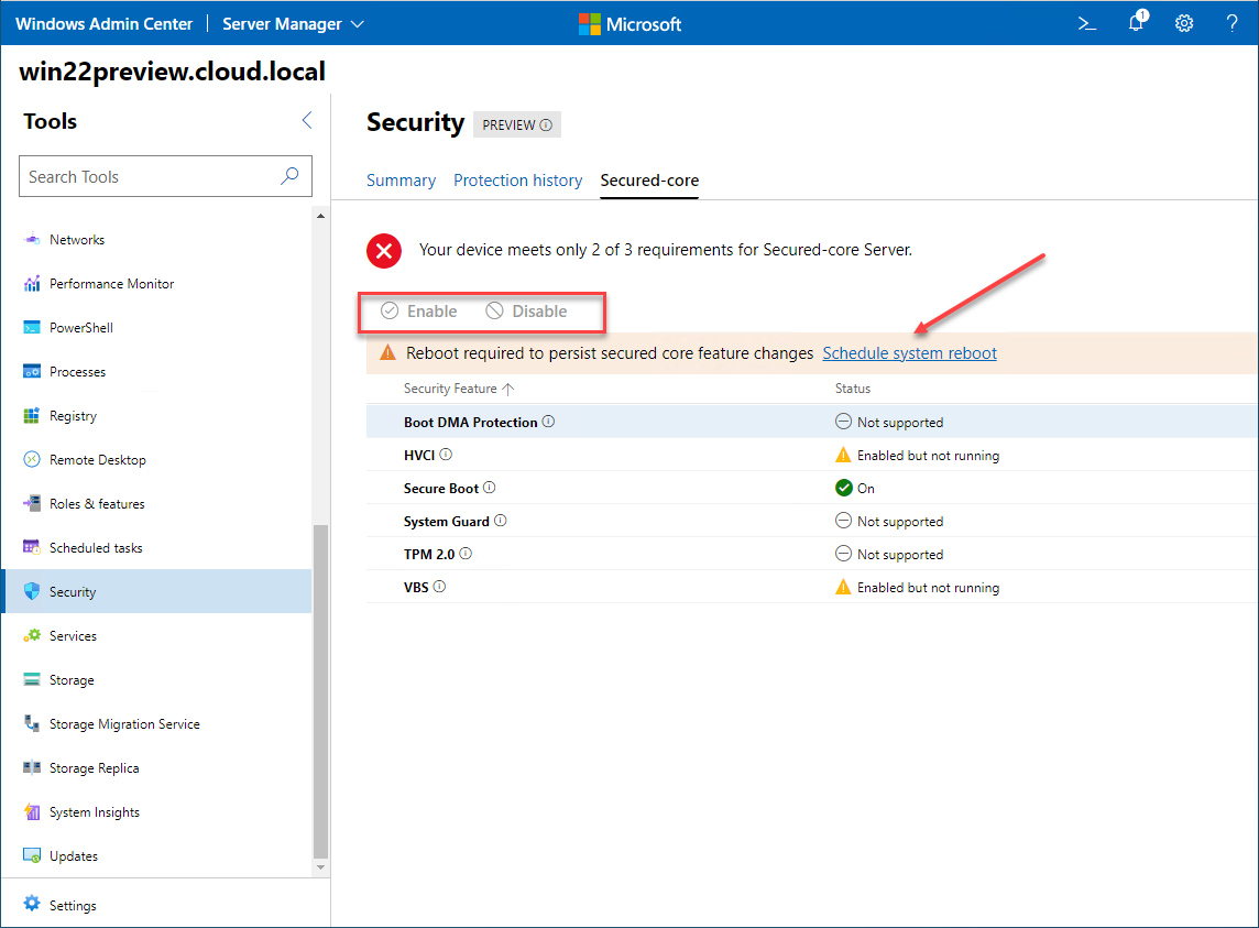 Enabling and Disabling Secured-Core features from Windows Admin Center