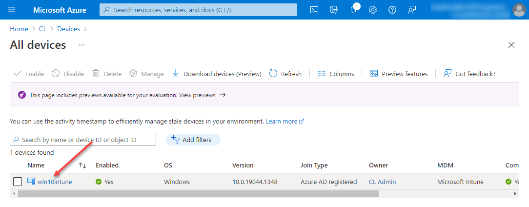 Enrolled Windows 10 machine listed in Azure Active Directory devices