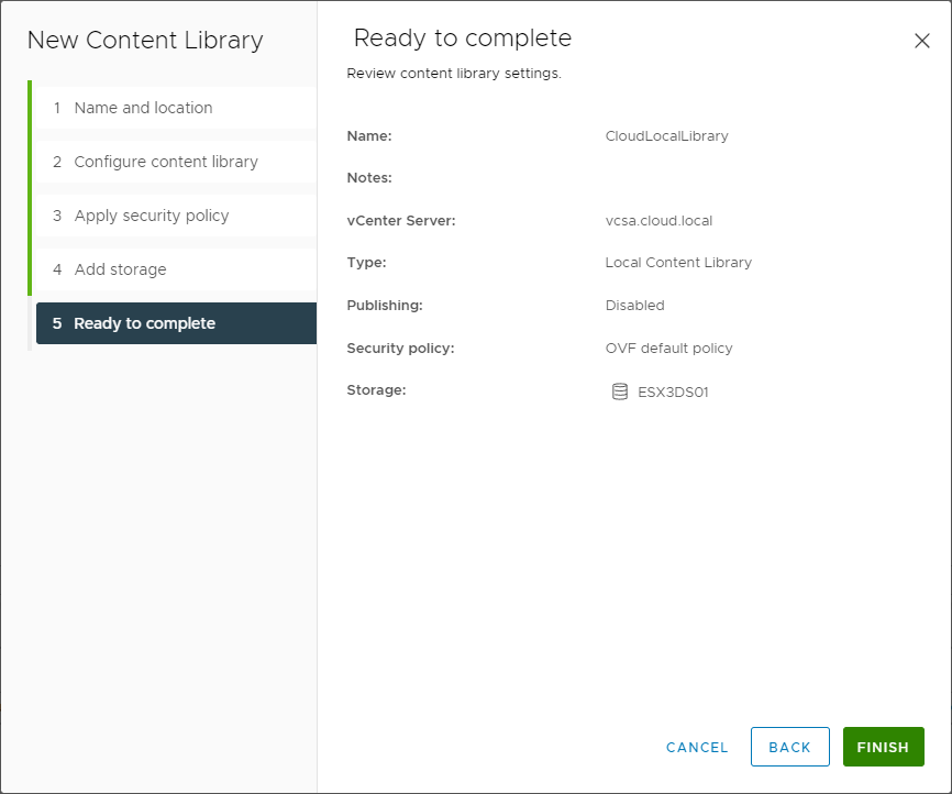 Finishing the creation of the VMware Content Library