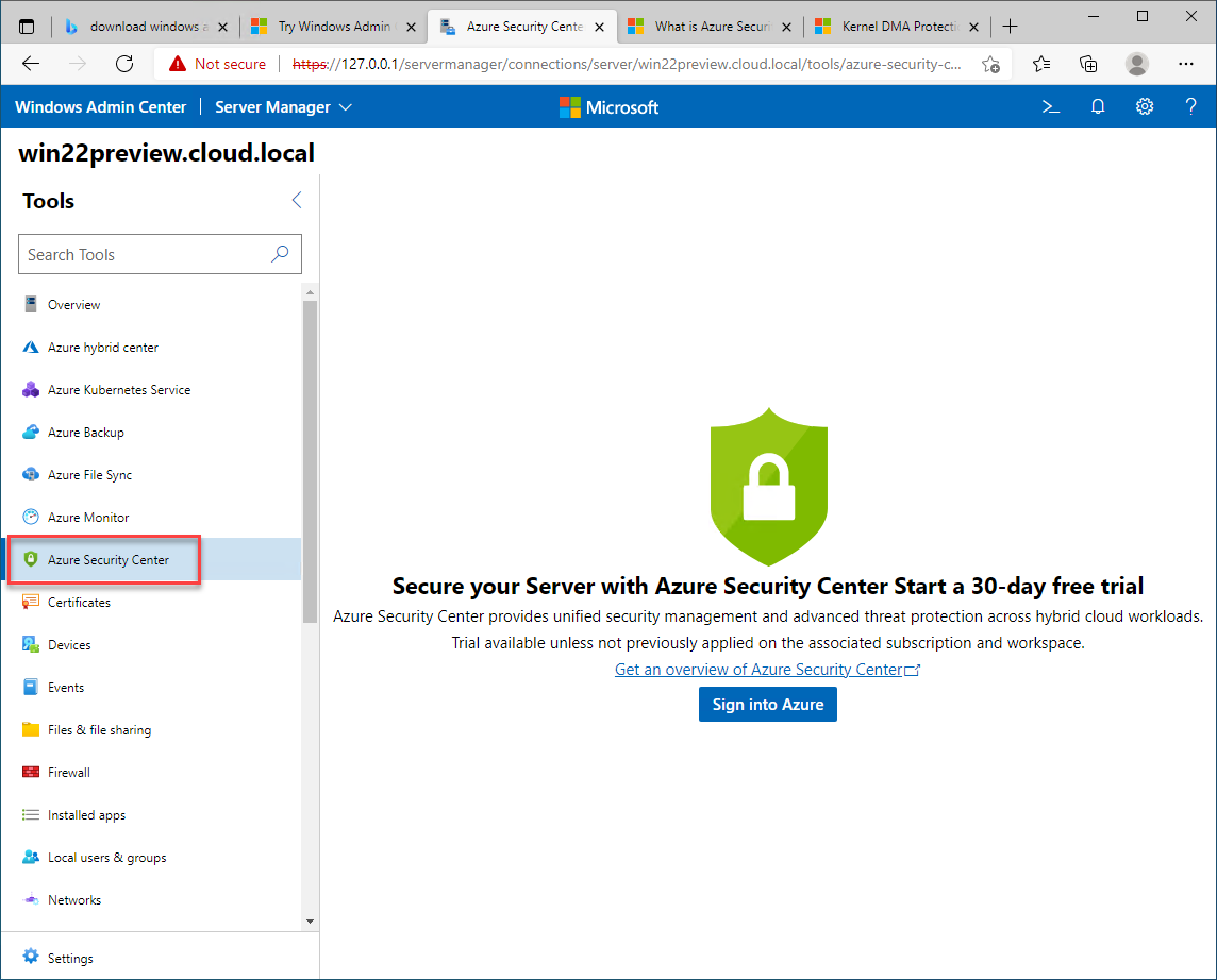 Launching the Azure Security Center dashboard from Windows Admin Center