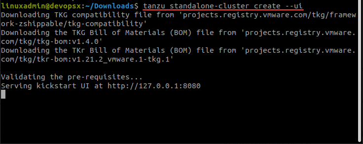 Launching the Tanzu Community Edition cluster creation GUI