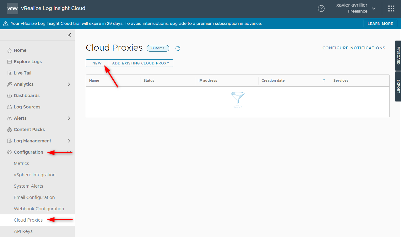Cloud proxies establish the connection between your on-premise SDDC and vRealize Log Insight Cloud
