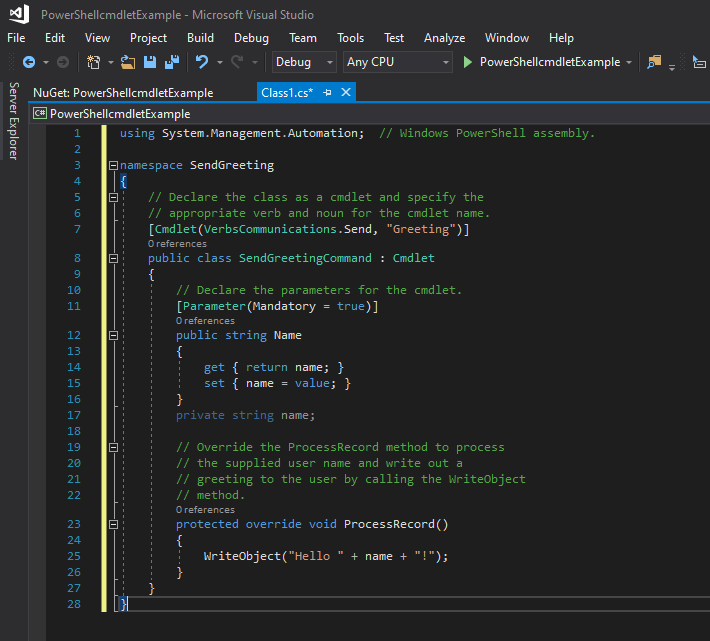 Paste the Microsoft example PowerShell cmdlet code into Visual Studio