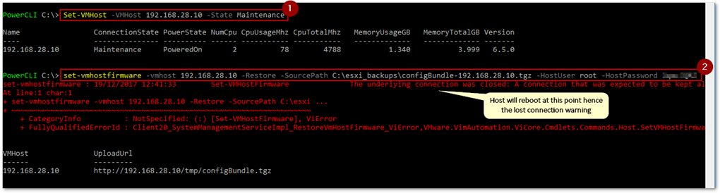 Restoring the ESXi backup configuration of a host using PowerCLI