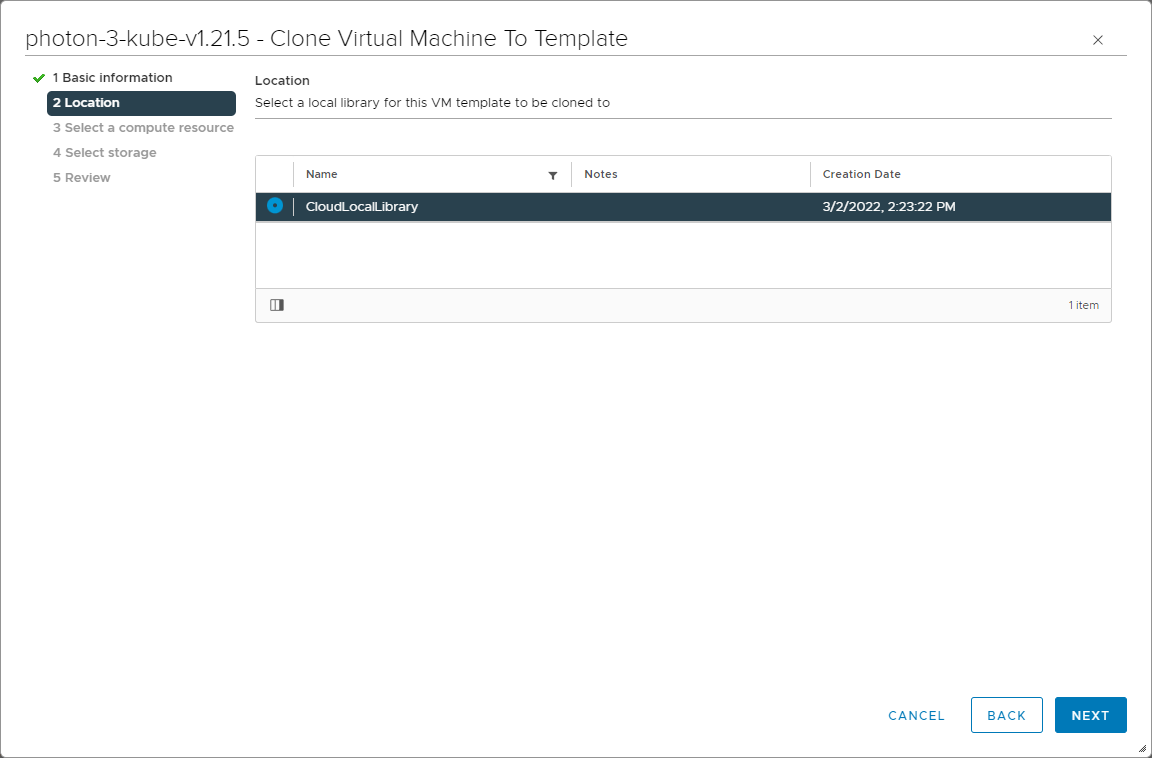 Select the VMware Content Library to house the virtual machine template