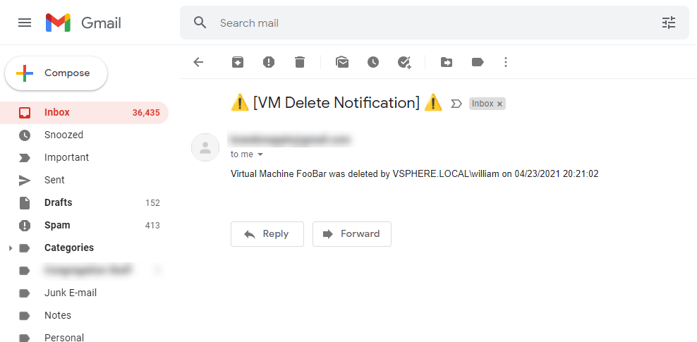 Test email is received using the VEBA email event test script