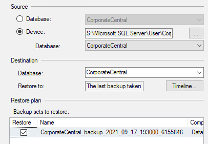 The general tab should now show the file source and the database name as both source and destination