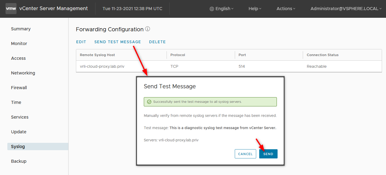 the vCenter VAMI lets you send test message to ensure a successful connection