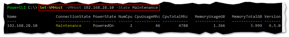 Use the Set-VMHost PowerCLI cmdlet to put a host in maintenance mode