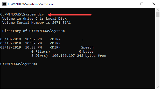 Using the "dir" command in a command prompt