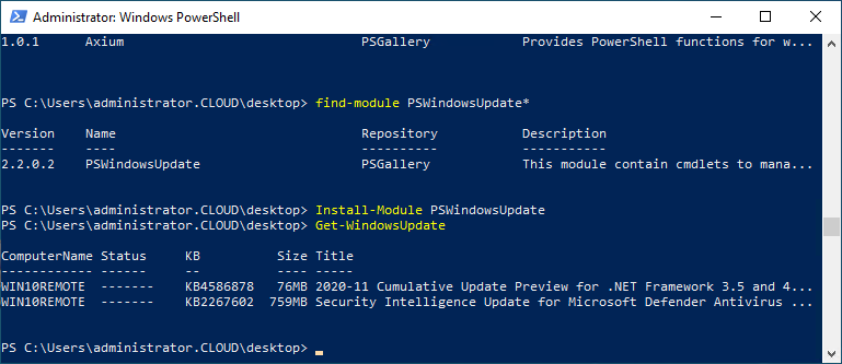 Using the PSWindowsUpdate module to query and install Windows Updates in Windows 10