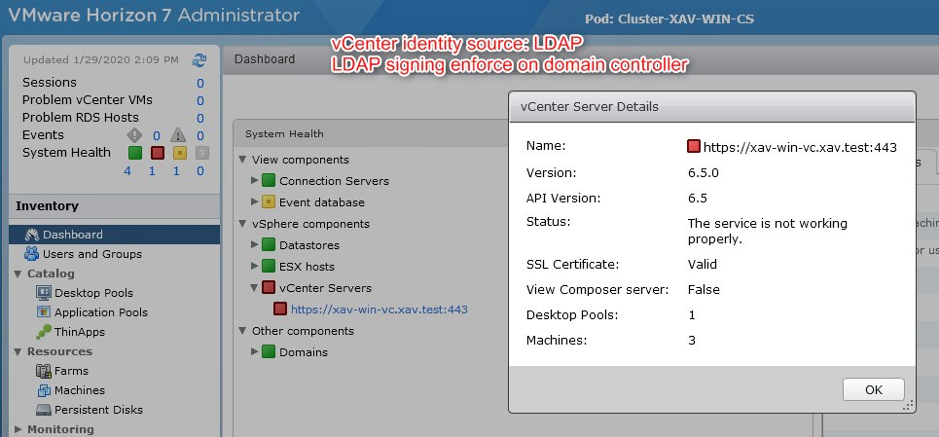 vCenter servers paired with Horizon