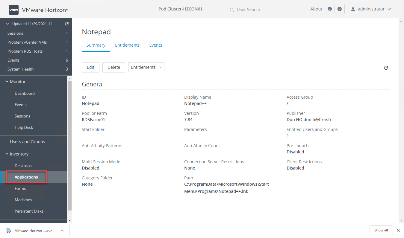 Viewing a published application in VMware Horizon