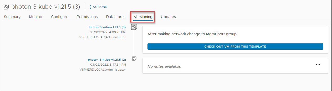 Viewing the versioning of a virtual machine template in the inventory view