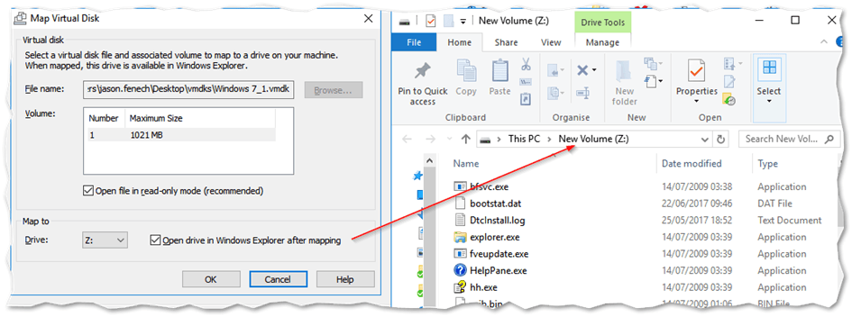 Windows VMDK is easily mounted and mapped as a drive using VMware Workstation